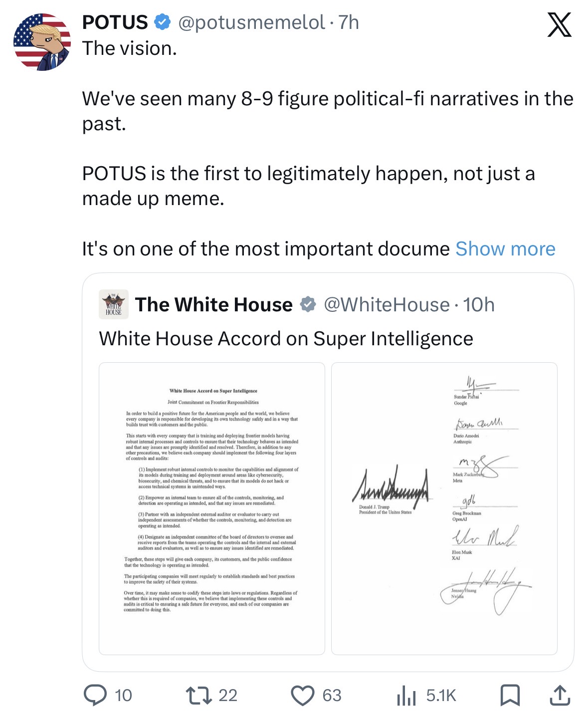 Post from @potusmemelol: 'The vision.' quoting the White House Accord on Super Intelligence